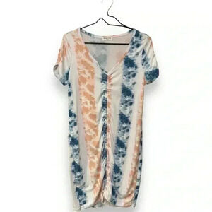 Full Circle Trends Knee Length Teal/Peach/White Tie Dye Rouched T-Shirt dress XL